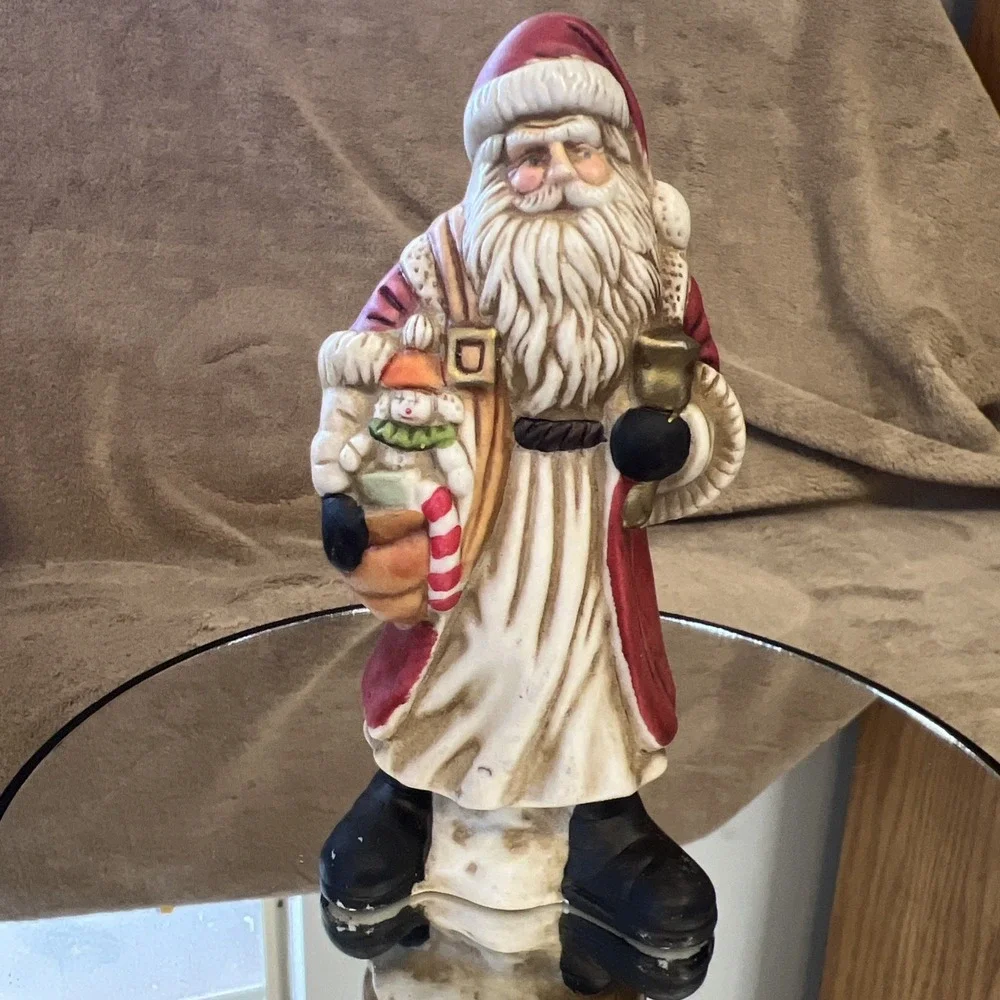 Vintage Enesco Porcelain Old World Santa Holding Bell and Bag‎ of Gifts Figurine